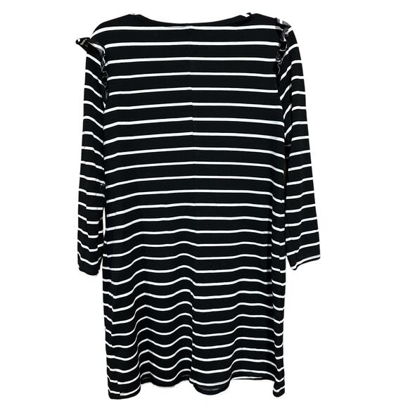 Black White Striped Dress Women Medium Long Sleeve Ruffle Shoulder Minimalist - Picture 2 of 5
